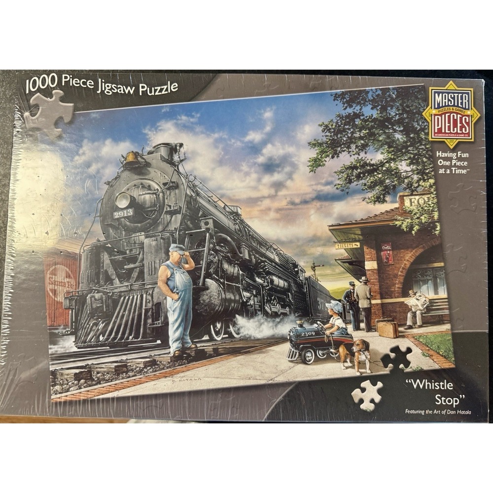 New Sealed Whistle Stop Dan Hatala 1000 pc Jigsaw Puzzle MasterPieces Trains